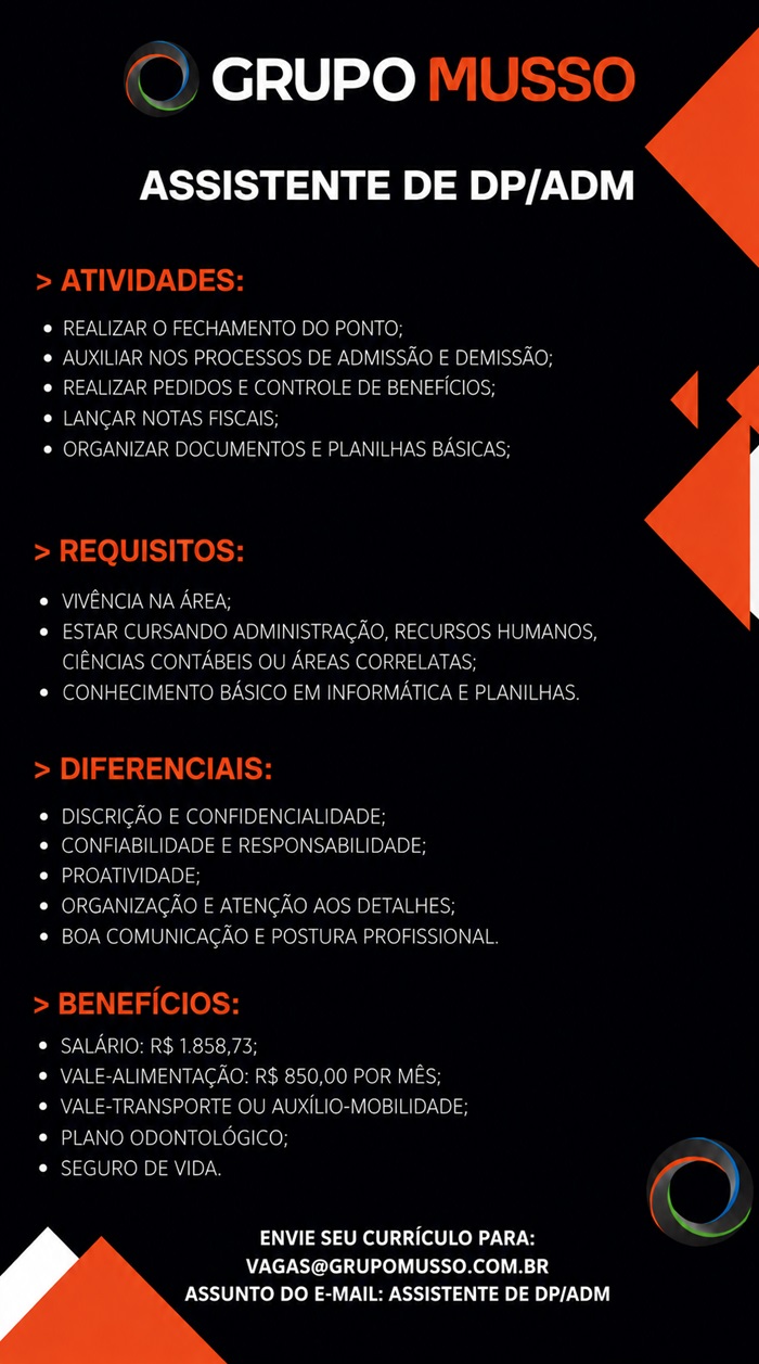 Grupo Musso contrata Assistente de DP/ADM