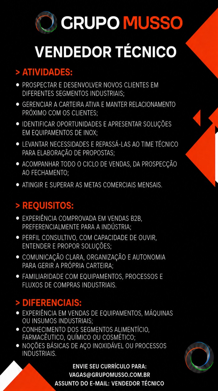 Grupo Musso contrata Vendedor Técnico