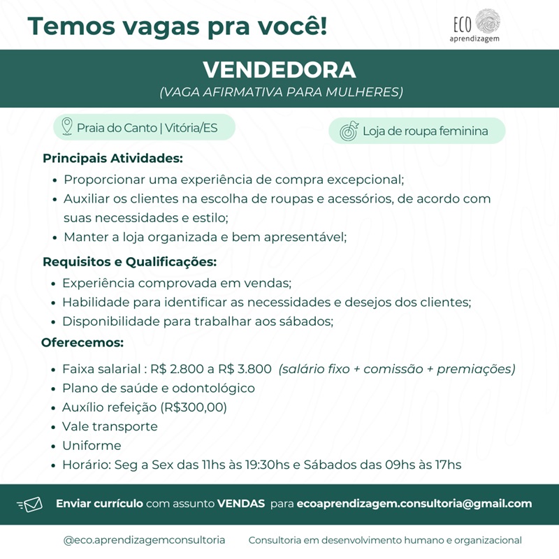 Vaga de Vendedora ( R$ 2.800,00 a R$3.800,00 - Praia do Canto - Vitória/ES )