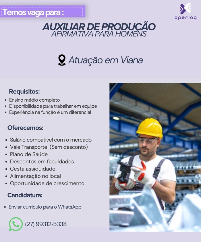 Operlog contrata Auxiliar de Produção