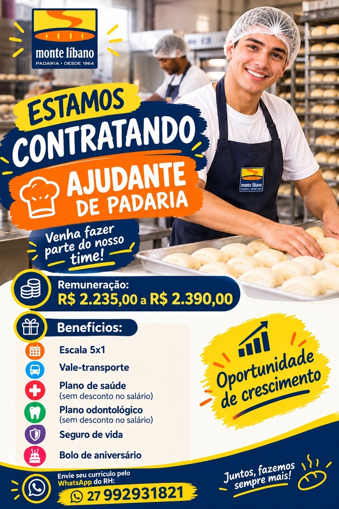 Padaria Monte Libano contrata Ajudante de Padaria