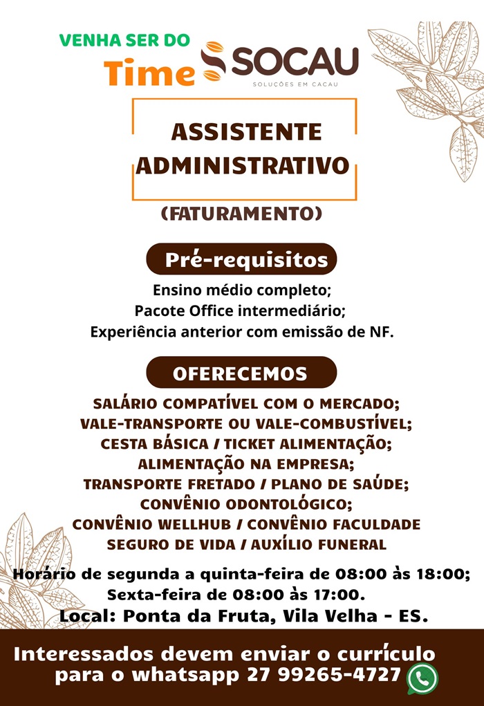 Socau contrata Assistente Administrativo