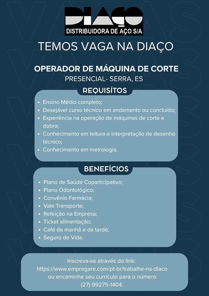 DIAÇO contrata Operador de Máquina de Corte