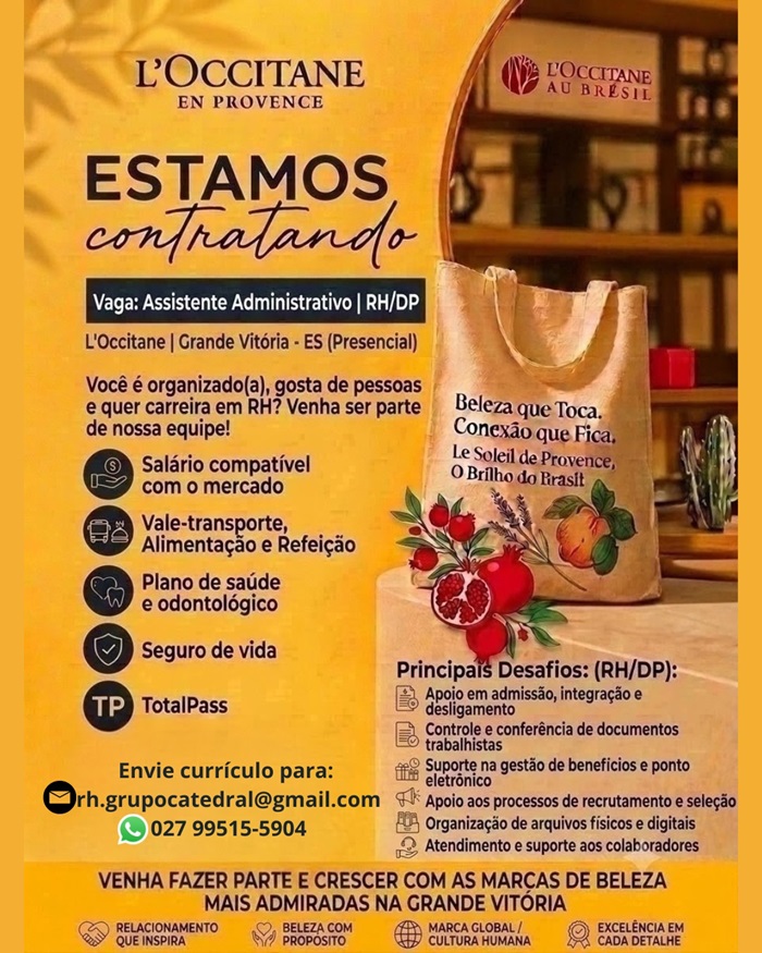 Assistente Administrativo | RH/DP | L'Occitane | Grande Vitória ES