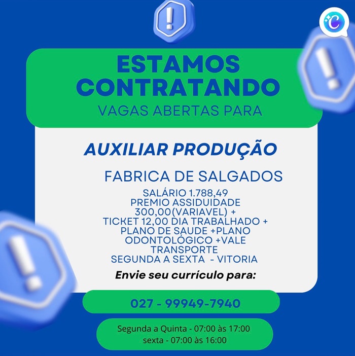 Fábrica de Salgados contrata Auxiliar de Produção