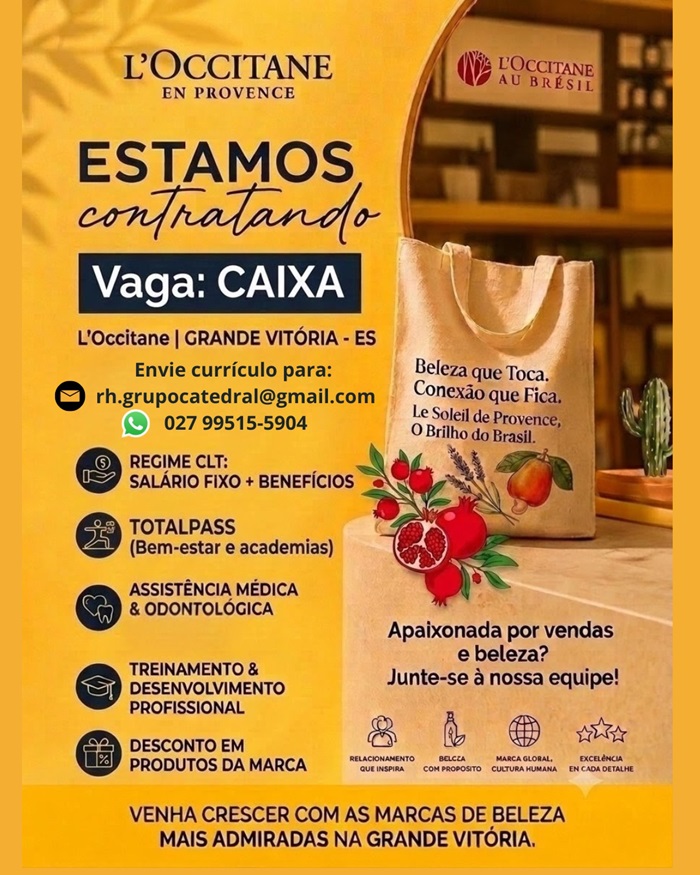 Vaga para Operador(a) de Caixa | LOccitane | Grande Vitória  ES