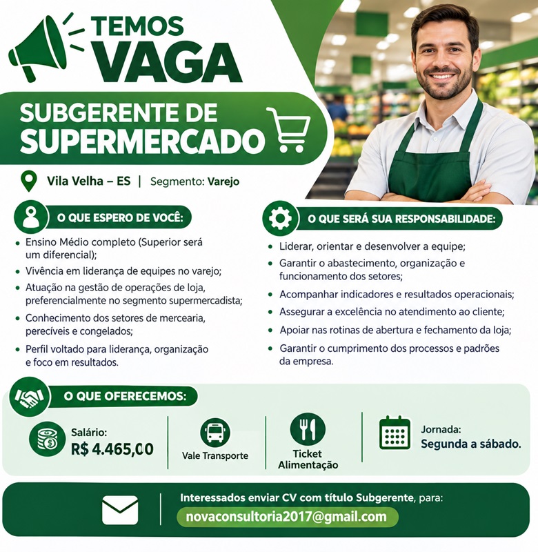 Vaga para Subgerente de Supermercado