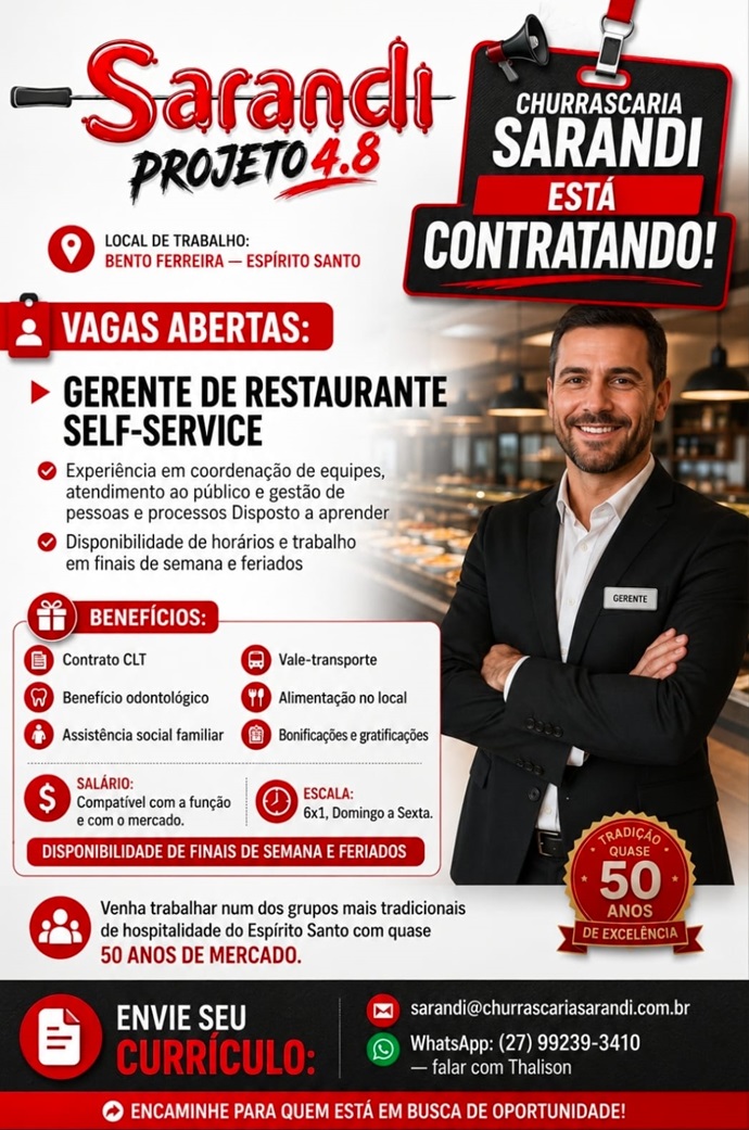 Churrascaria Sarandi contrata Gerente de Restaurante Self-Service