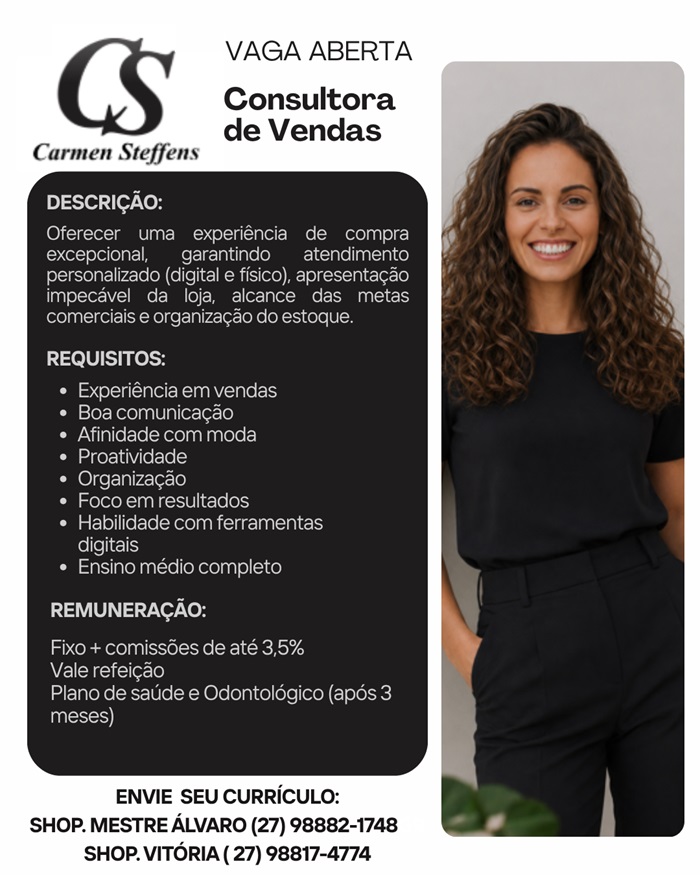 Carmen Steffens contrata Consultora de Vendas