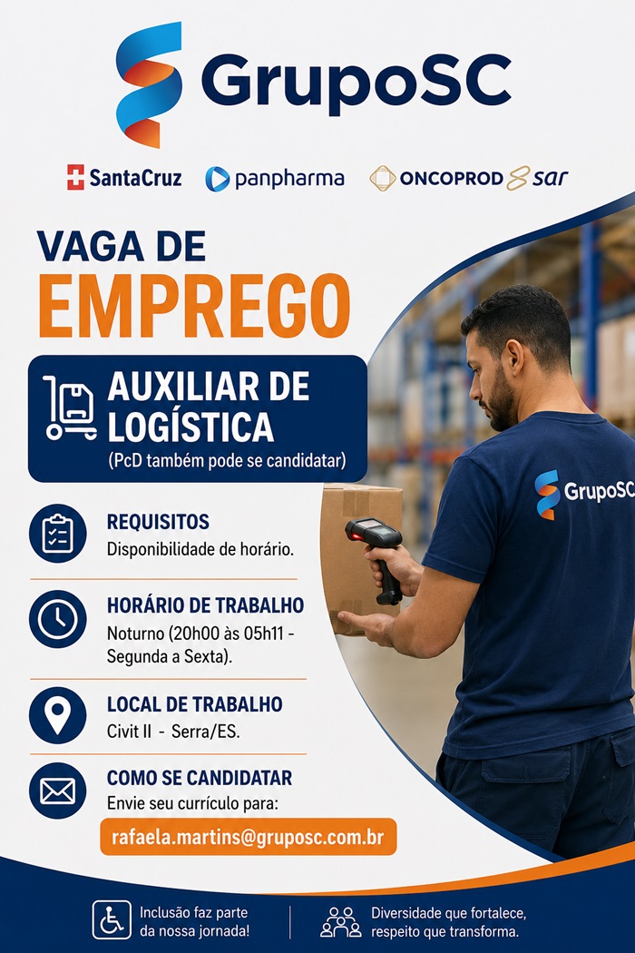 GrupoSC contrata Auxiliar de Logística  (PcD também pode se candidatar)