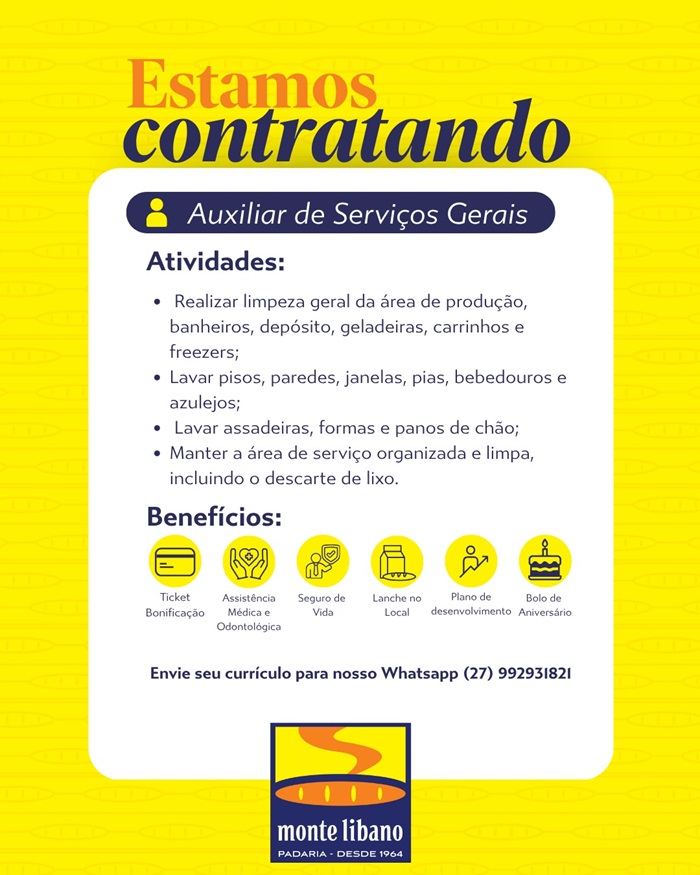 Padaria Monte Libano contrata Auxiliar de Serviços Gerais (ASG)