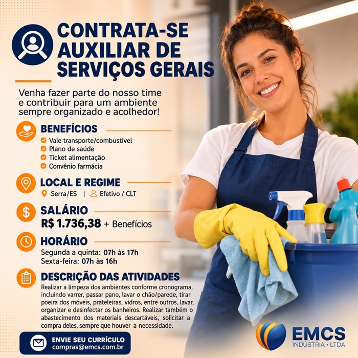 EMCS Indústria contrata Auxiliar de Serviços Gerais