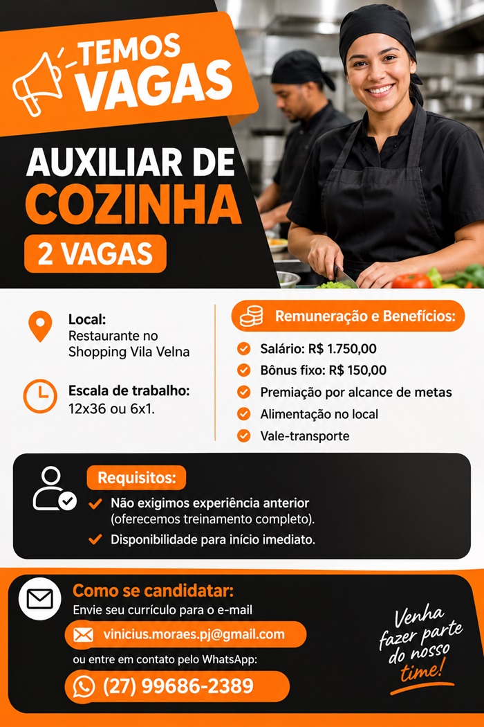 2 Vagas para Auxiliar de Cozinha