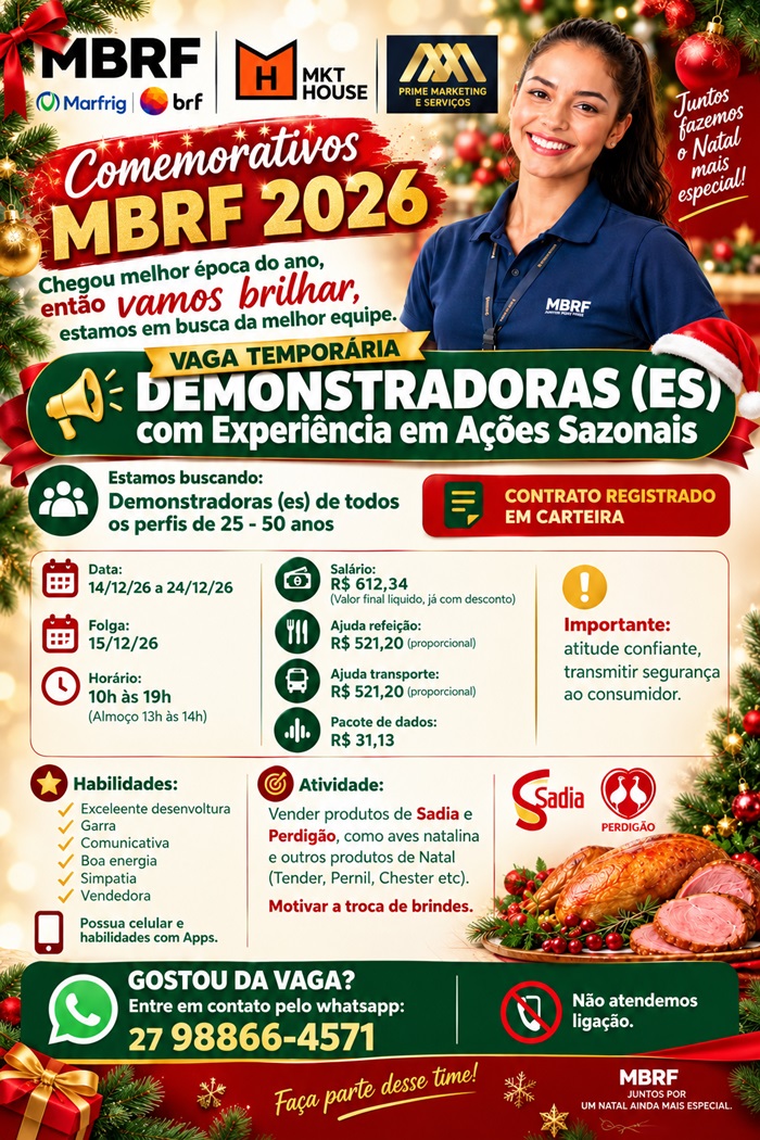 VAGAS PARA DEMONSTRADORAS (ES) com Experiência em Ações Sazonais