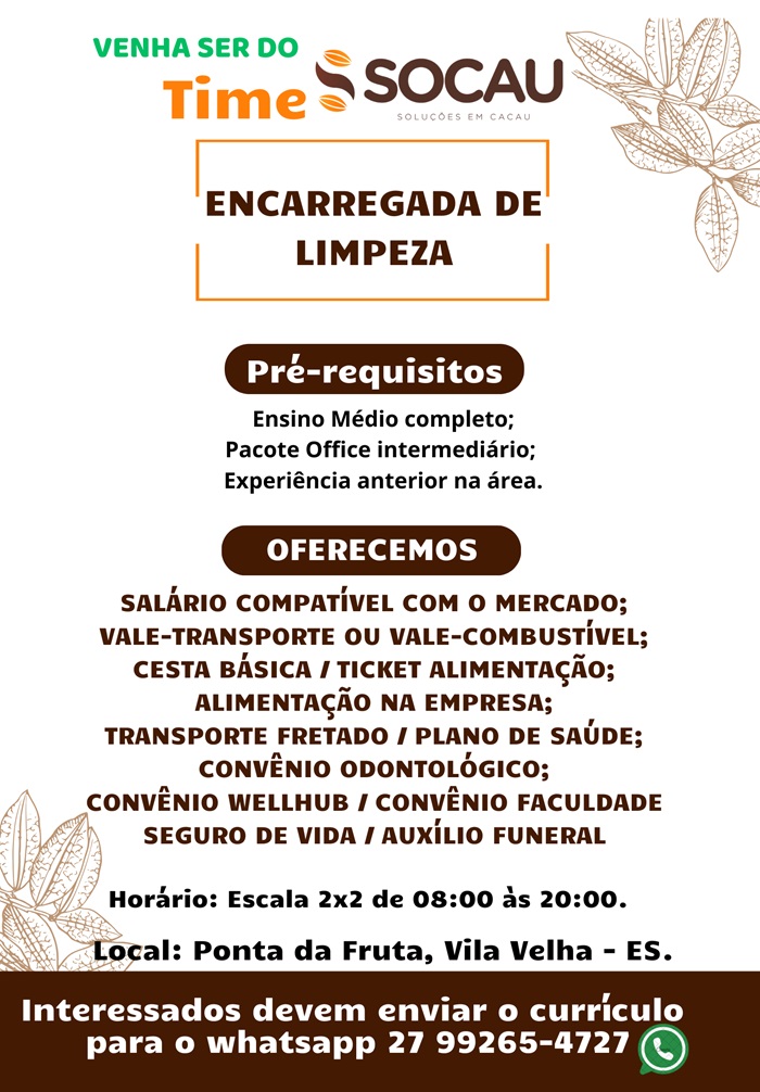 Socau contrata Encarregada de Limpeza