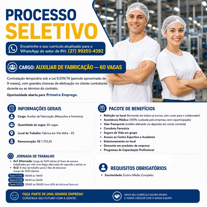 PROCESSO SELETIVO PARA AUXILIAR DE FABRICAÇÃO — 60 VAGAS