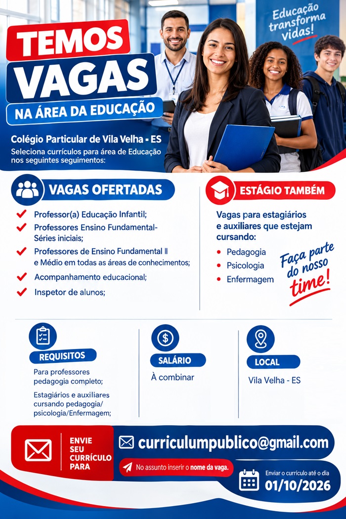 Colégio Particular de Vila Velha abre vagas de Emprego e Estágio
