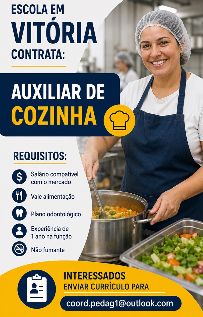 Escola em Vitória contrata Auxiliar de Cozinha
