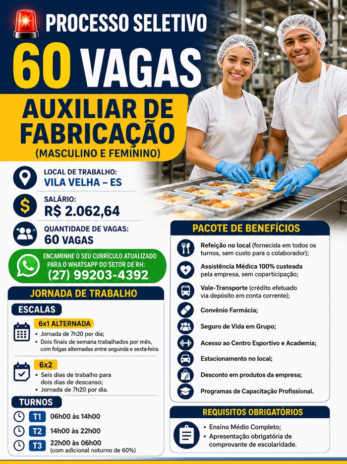 PROCESSO SELETIVO PARA AUXILIAR DE FABRICAÇÃO — 60 VAGAS