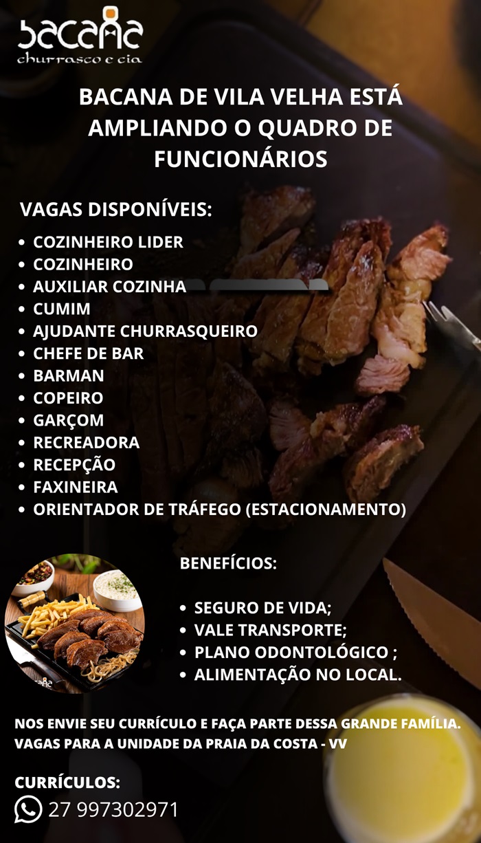 BACANA DE VILA VELHA ABRE VAGAS DE EMPREGO