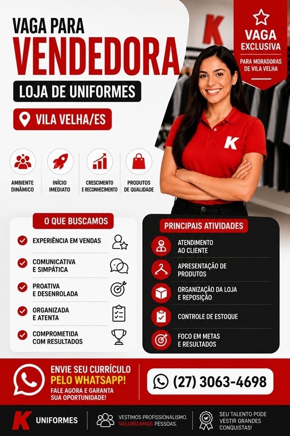 Loja de Uniformes contrata Vendedora | Vila Velha/ES