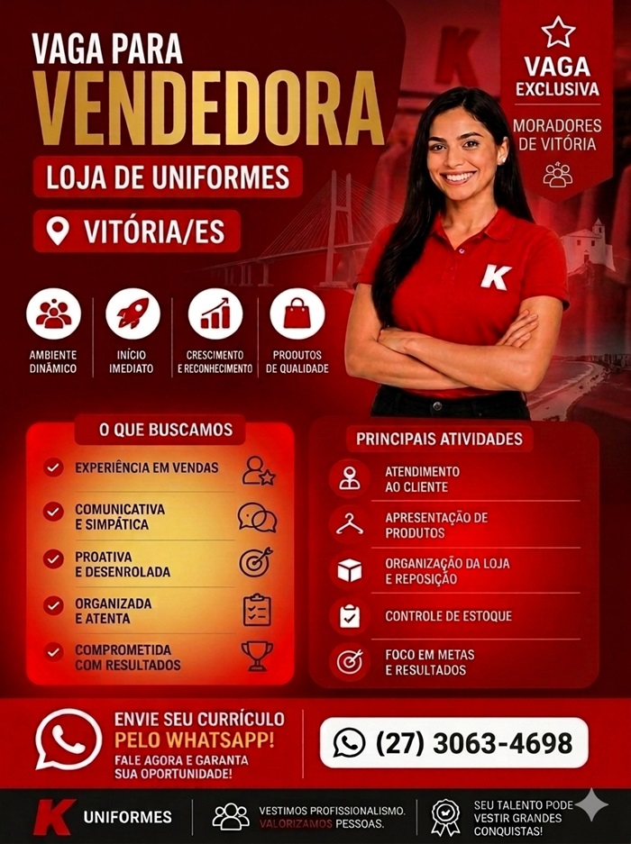 Loja de Uniformes contrata Vendedora | Vitória/ES