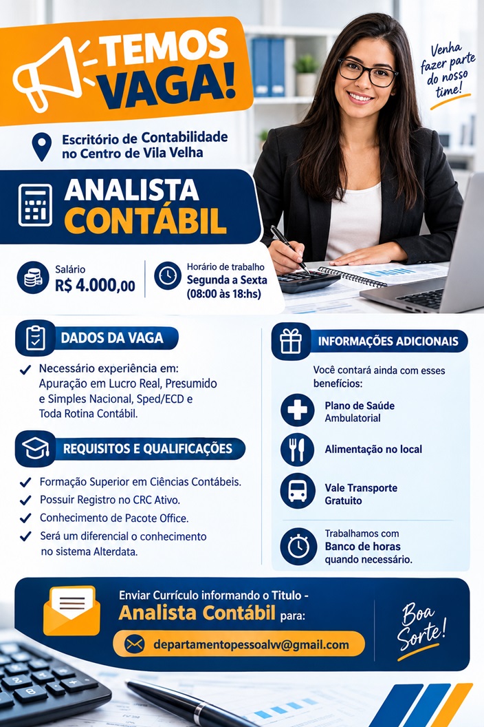 Escritório no Centro de Vila Velha contrata Analista Contábil