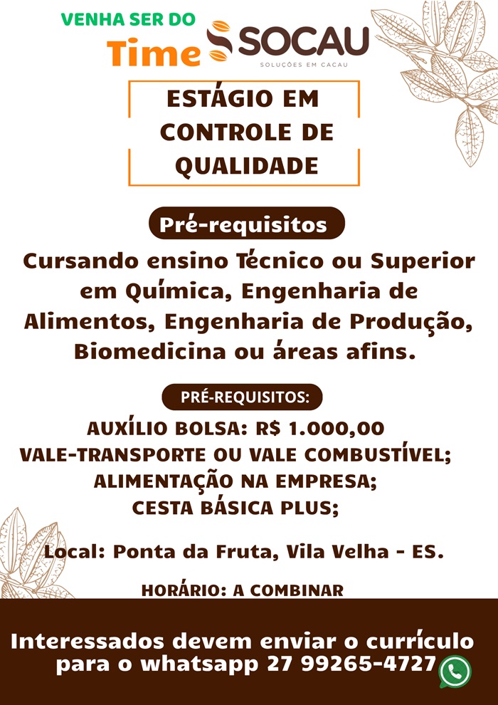 Socau contrata Estagiário de Controle de Qualidade