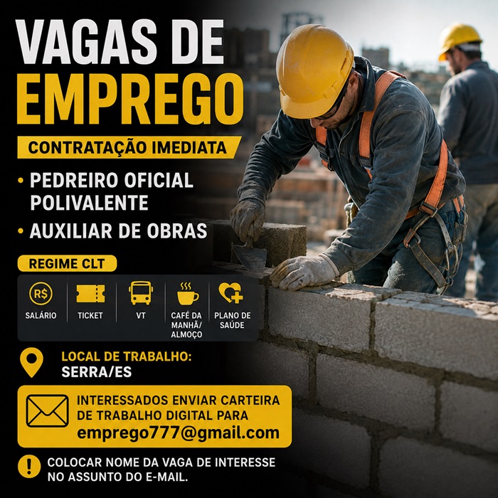 Vagas para Pedreiro Oficial Polivalente e Auxiliar de Obras