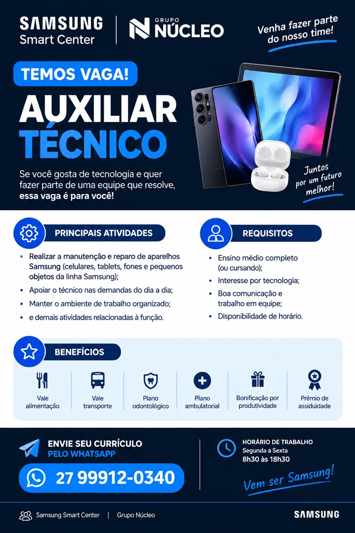  Samsung Smart Center contrata Auxiliar Técnico