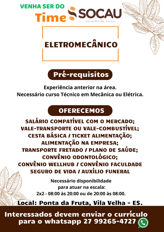 Socau contrata Eletromecânico