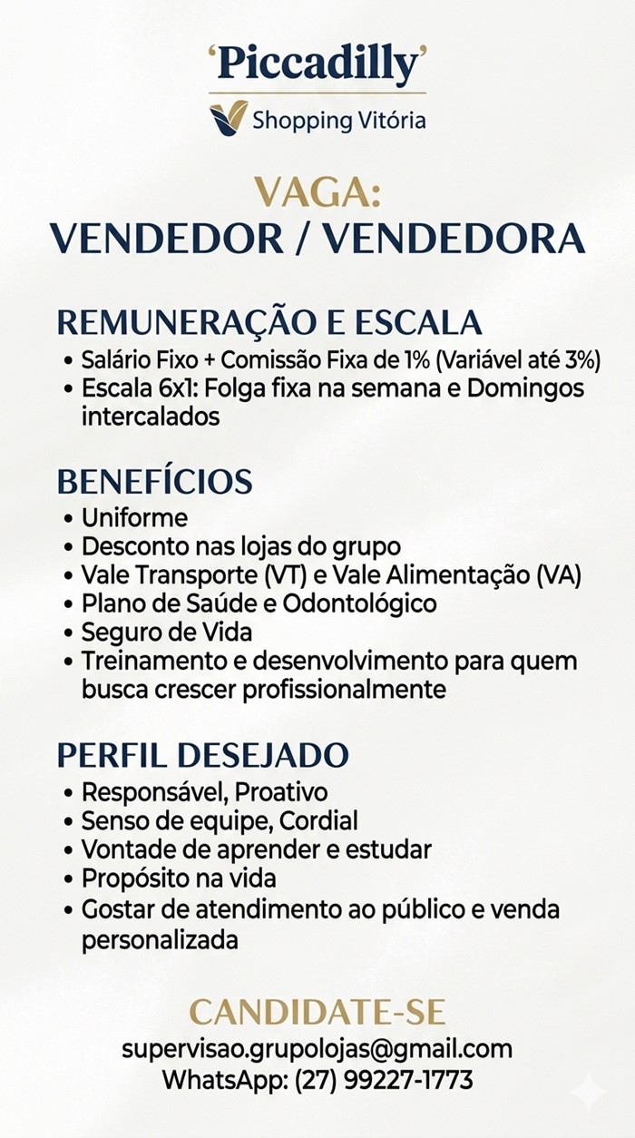 Vaga para Vendedor(a) | Piccadilly - Shopping Vitória