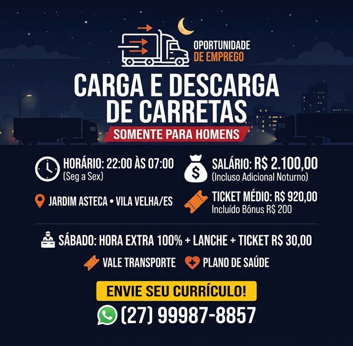 Vaga para Carga e Descarga de Carretas (Somente para homens)