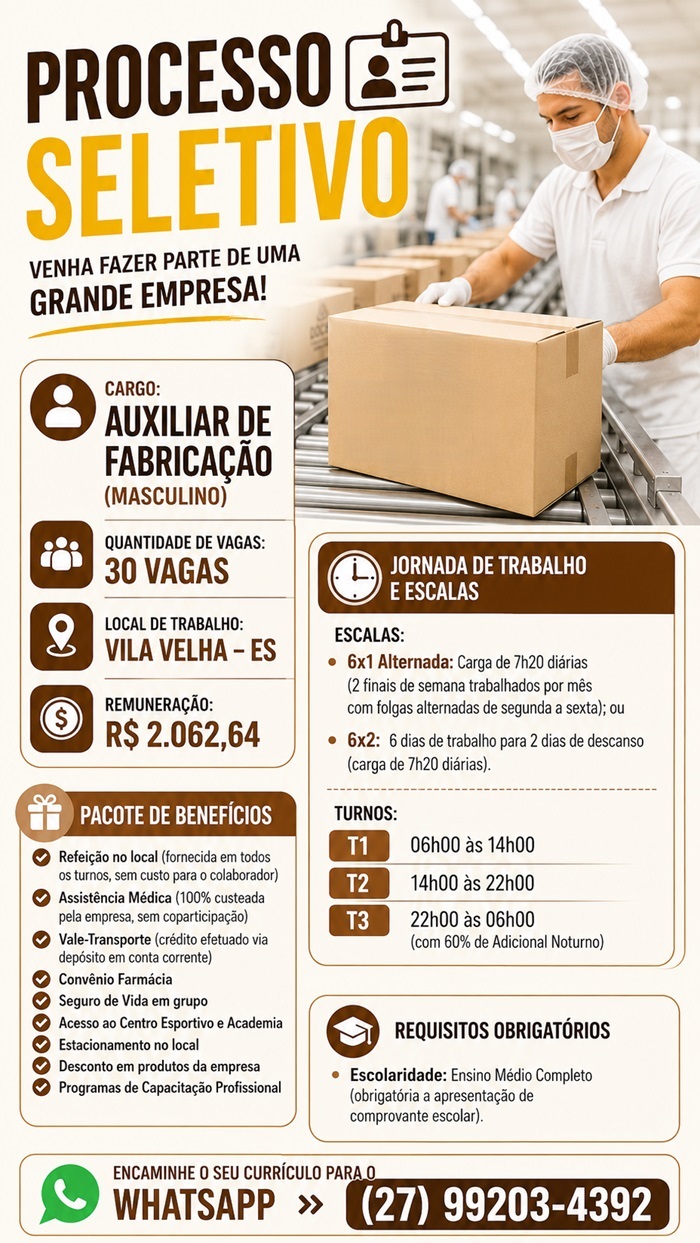 PROCESSO SELETIVO PARA AUXILIAR DE FABRICAÇÃO - 30 vagas