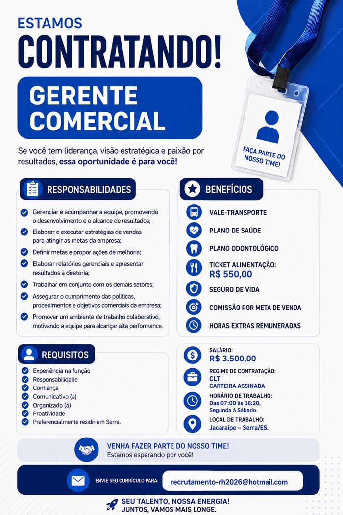 Vaga para Gerente Comercial