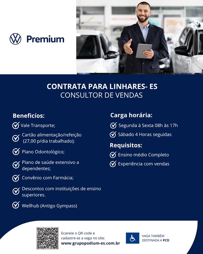 Premium Volkswagen contrata Consultor de Vendas