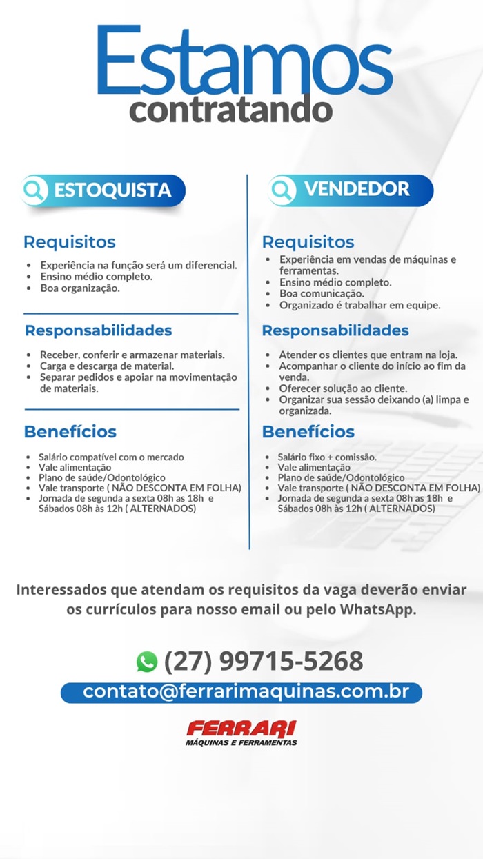 VAGAS PARA ESTOQUISTA E VENDEDOR