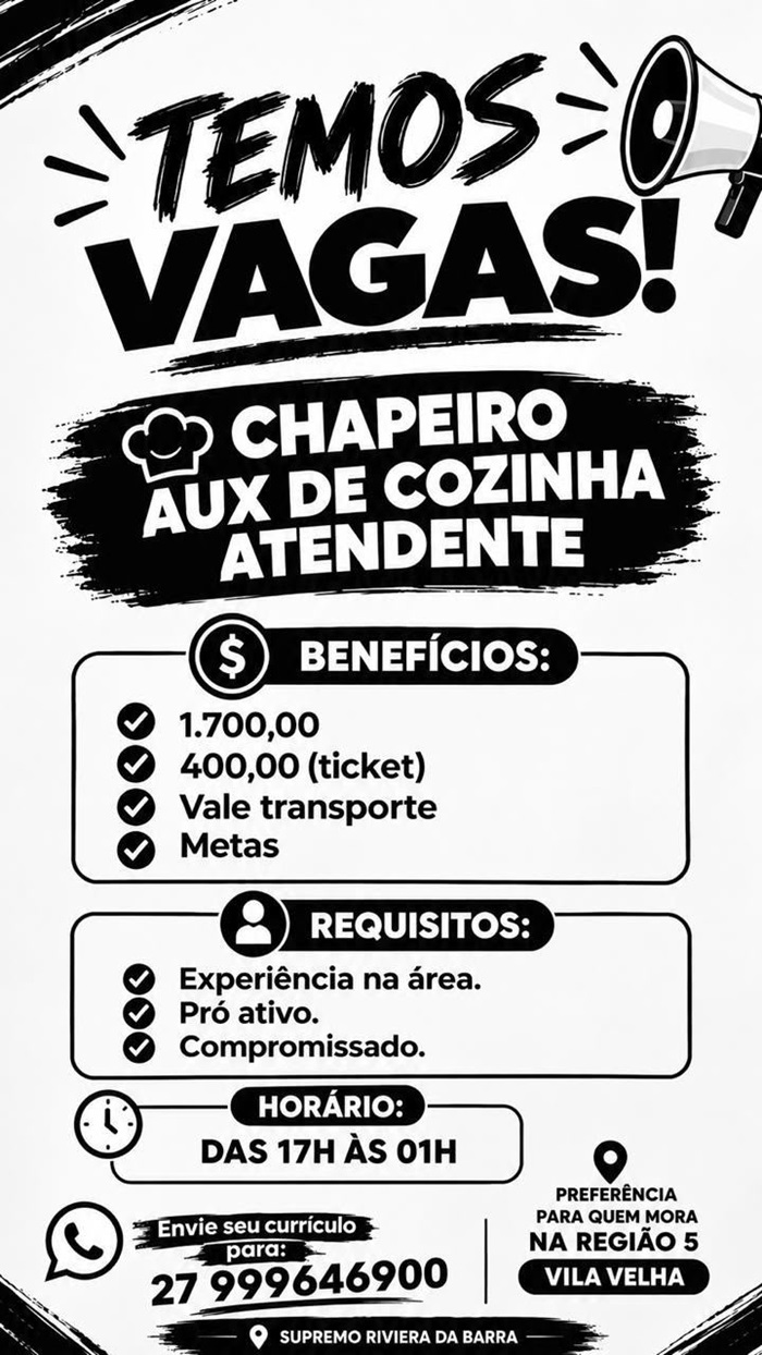 Supremo Vila Velha abre vagas para Chapeiro, Aux de Cozinha e Atendente