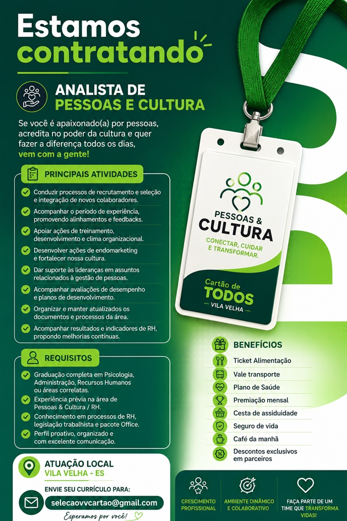 Vaga para Analista de Pessoas e Cultura (Cartão de Todos Vila Velha)