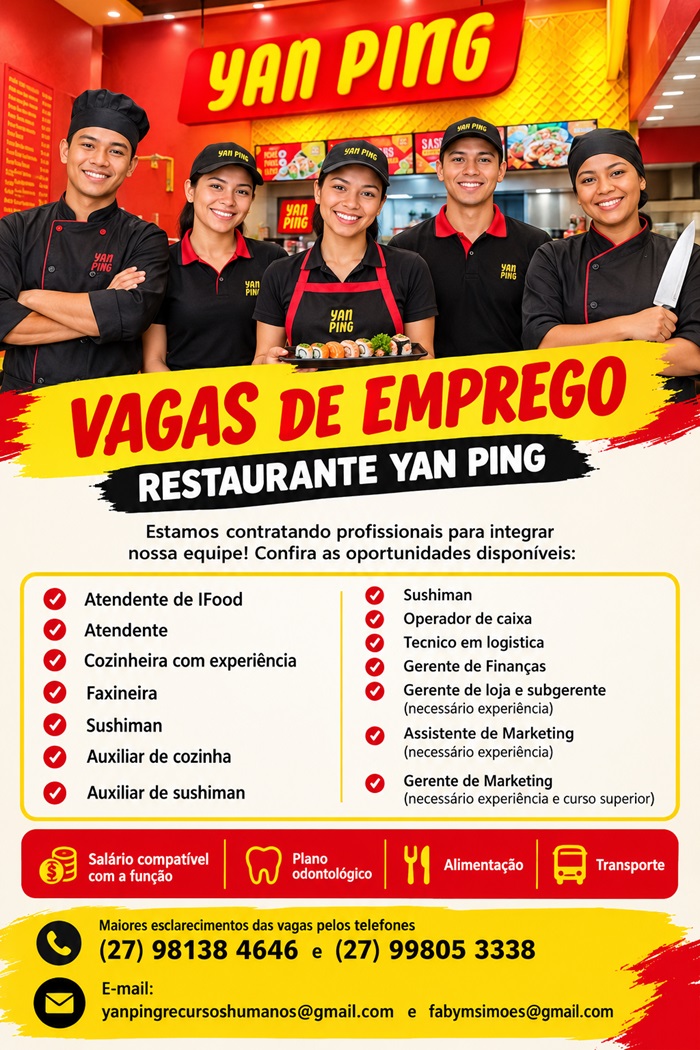 VAGAS DE EMPREGO - RESTAURANTE YAN PING