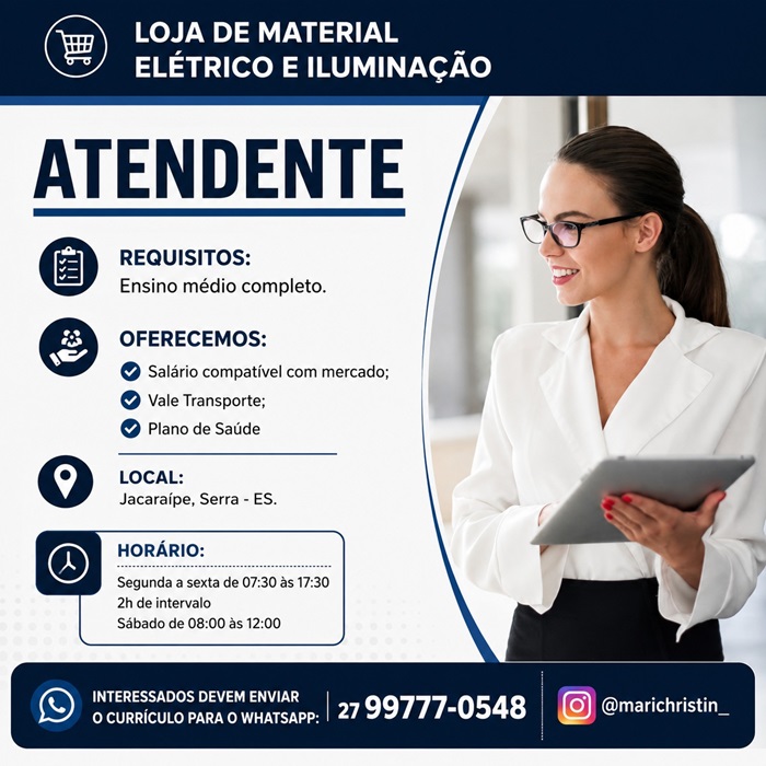 Loja de Material Elétrico e Iluminação Contrata Atendente