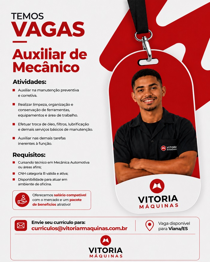 Vitória Máquinas contrata Auxiliar de Mecanico