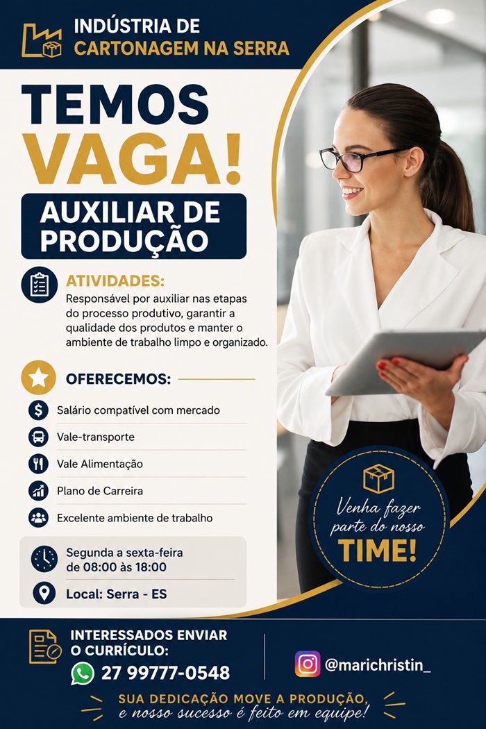 Indústria de Cartonagem na Serra Contrata Auxiliar de Produção