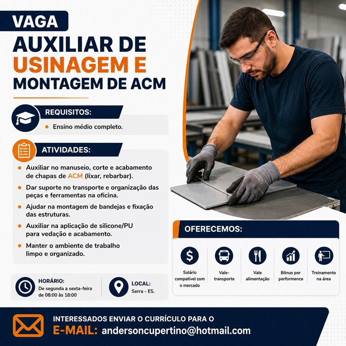 Empresa Contrata Auxiliar de Usinagem e Montagem de ACM