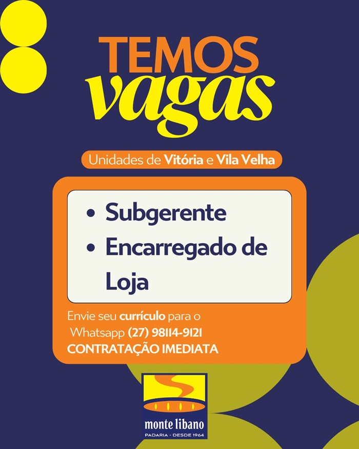 Padaria Monte Líbano contrata Subgerente e Encarregado de Loja