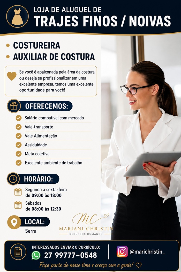 Vaga para Costureira (Trajes Finos e Noivas)