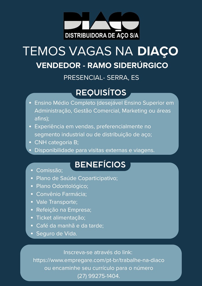 DIAÇO contrata Vendedor - Ramo Siderúrgico