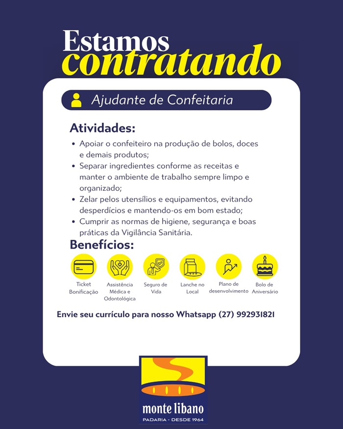 Padaria Monte Libano contrata Ajudante de Confeitaria