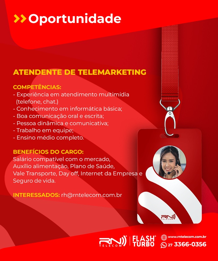 RN TELECOM CONTRATA ATENDENTE DE TELEMARKETING