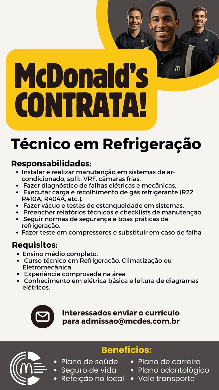 McDonald's contrata Técnico de Manutenção